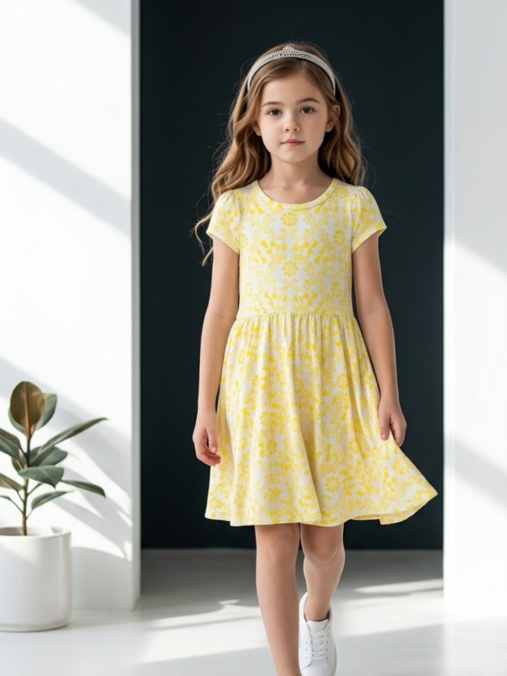 NWOT Dot Dot Smile Toddler Girl Yellow White Floral Cap Sleeve Twirl Dress - 3/4